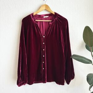 Faherty Womens Naomi Silk Blend Velvet Blouse Top Medium Classic Maroon Button